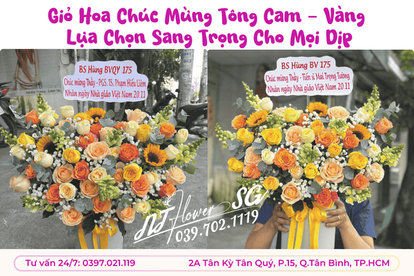 Giỏ Hoa Chúc Mừng Tông Cam – Vàng